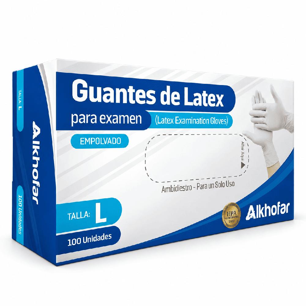 Guantes de Látex Alkhofar Talla L Empolvados para Examen Caja x 100 Unidades