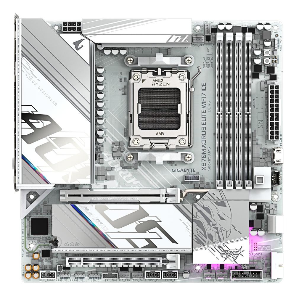 Placa Madre Gigabyte X870M Aorus Elite Ice AM5 DDR5 Micro ATX Wi-Fi 7 Blanca