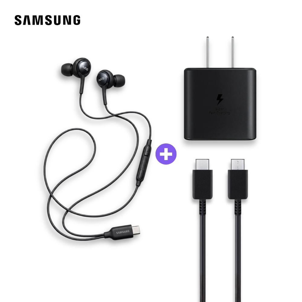 Cargador Samsung 45W con Cable USB-C 1 m y Audífonos AKG Negro