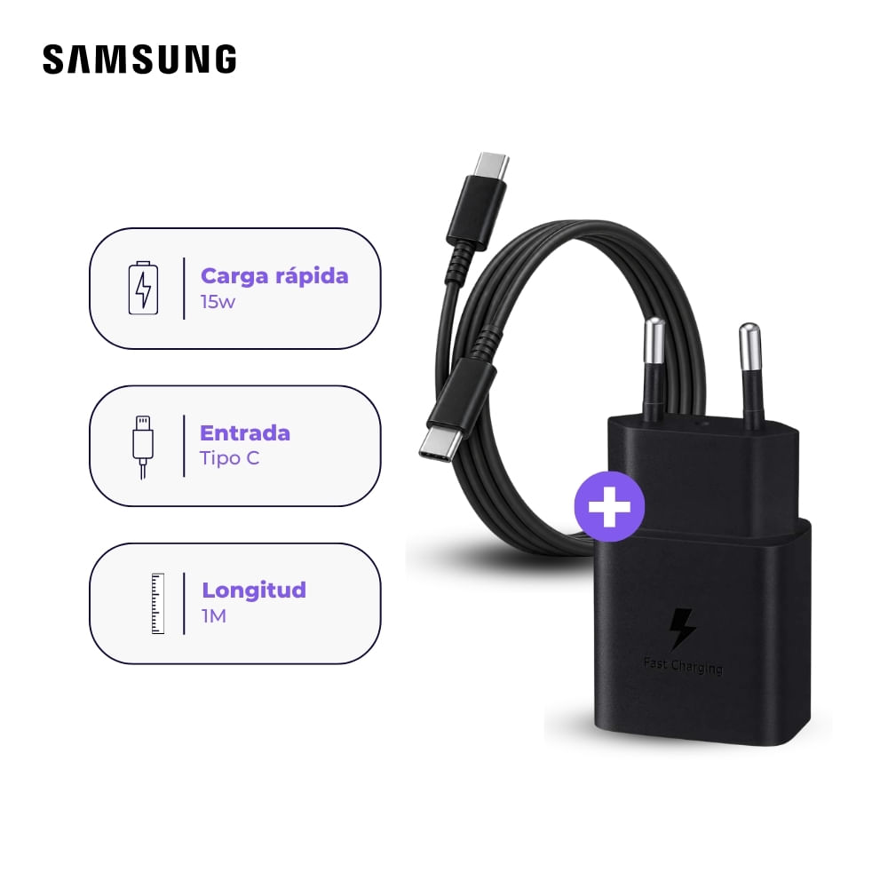 Cargador Samsung USB-C 15W y Cable USB-C a USB-C 1 m Negro