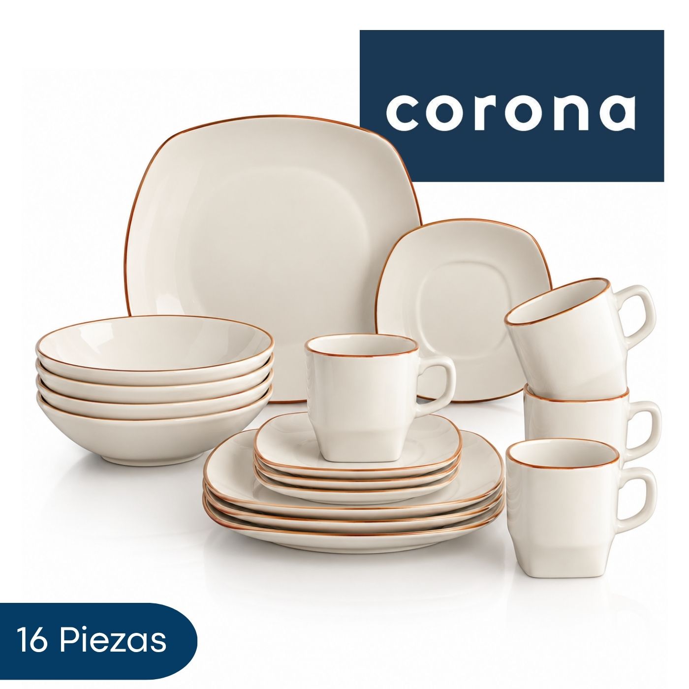 Vajilla Corona Zurich 16 Piezas Platos y Tazas Semicuadradas