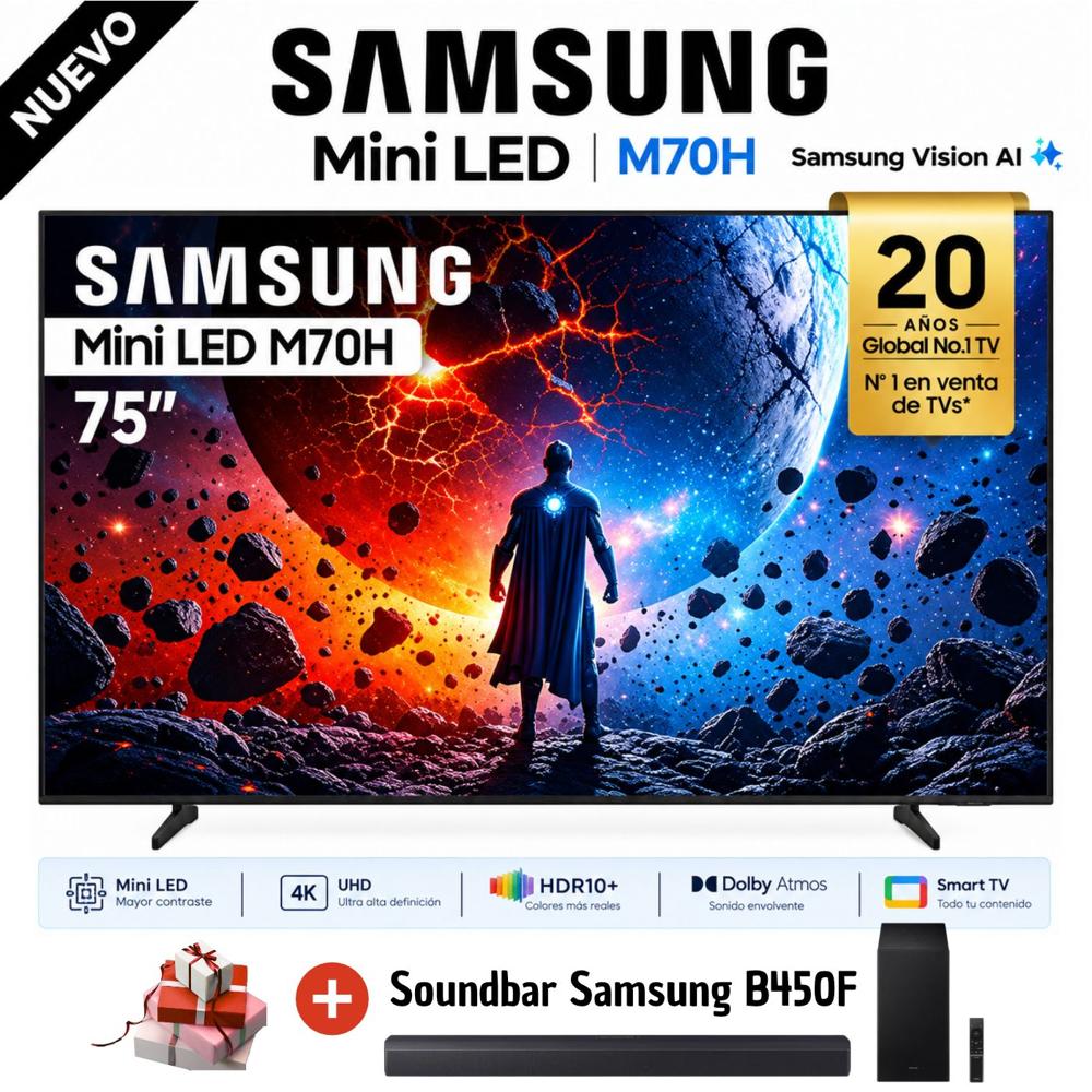 Televisor Samsung 75 Mini LED 75M70H Vision AI Smart TV 2026 y Soundbar Samsung B450F