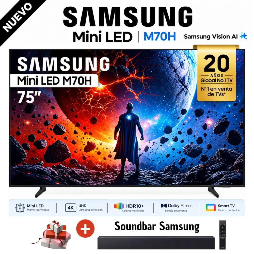 Televisor Samsung 75 Mini LED 75M70H Vision AI Smart TV 2026 y Soundbar Samsung