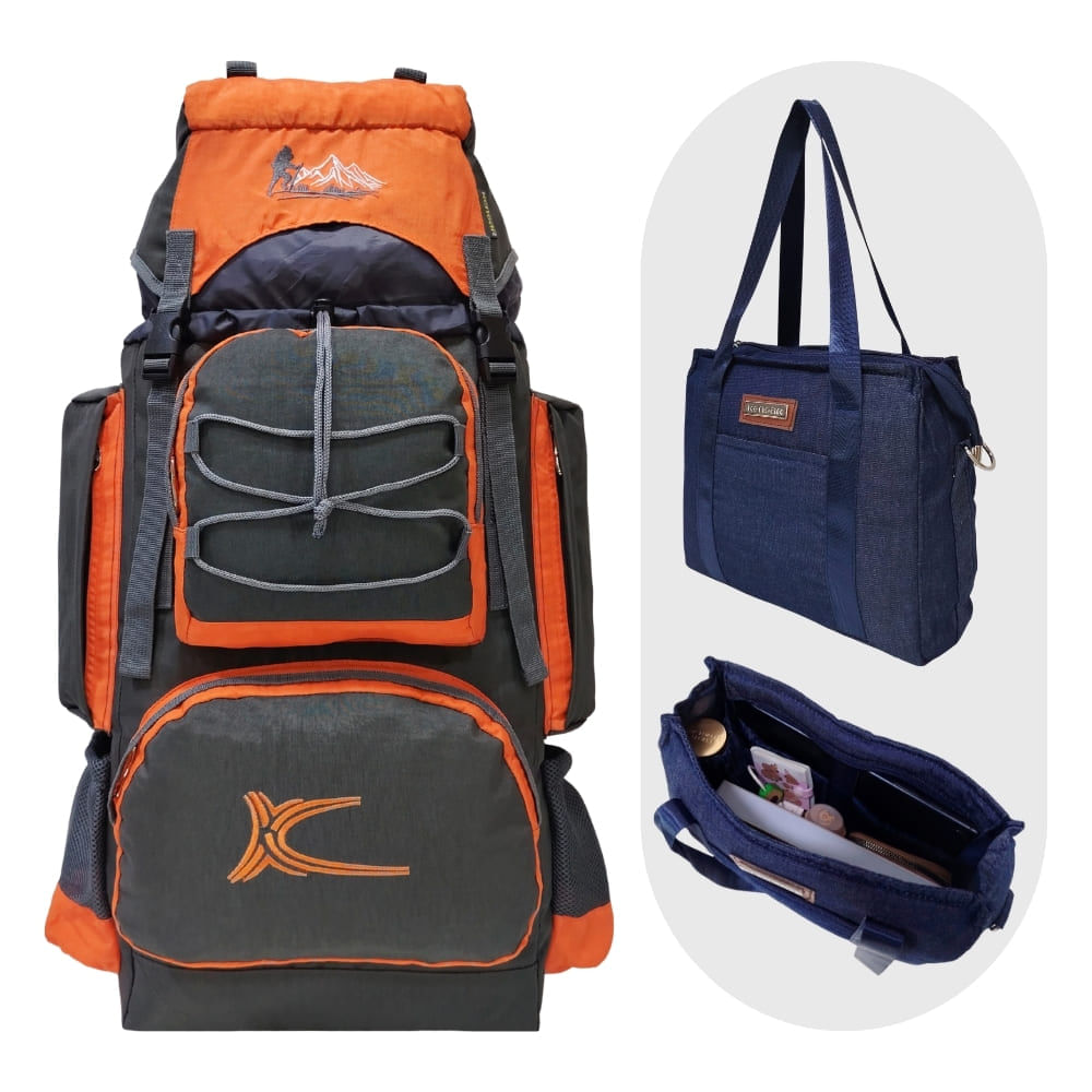COMBO MOCHILA DE CAMPING N3 PLOMO-NARANJA - BOLSO PUFFER XS JEAN