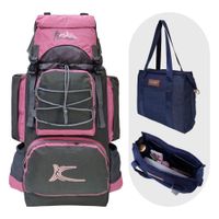 COMBO MOCHILA DE CAMPING N3 PLOMO-FRESA - BOLSO PUFFER XS JEAN