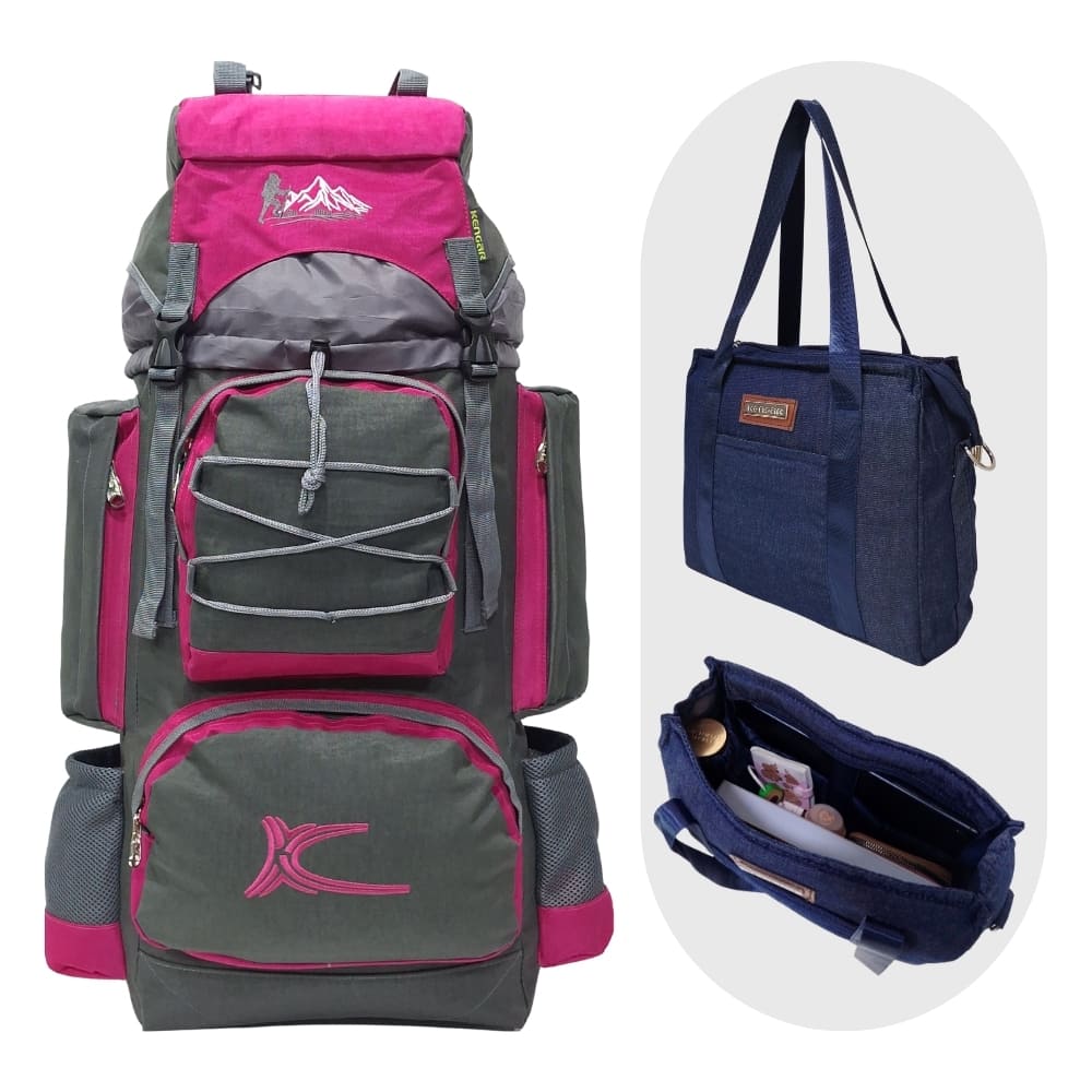 COMBO MOCHILA DE CAMPING N3 PLOMO-FUCSIA - BOLSO PUFFER XS JEAN