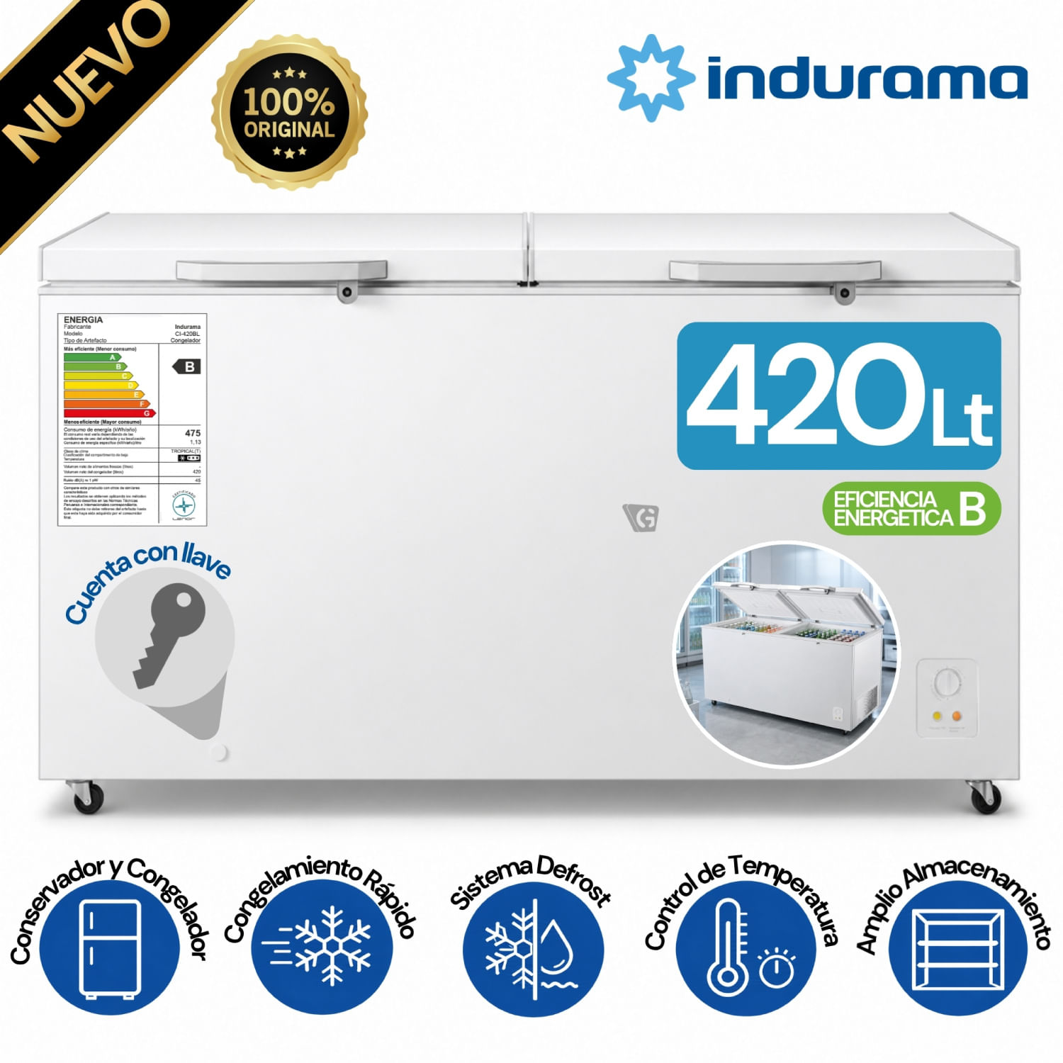 Congeladora Horizontal Defrost de 420 Litros de Dos Puertas Indurama CI-420BL Blanco