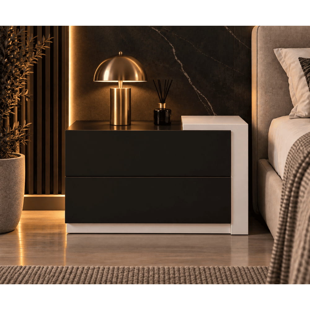 Velador Praga con Doble Cajón Color Negro y Blanco TU MESITA Canto Delgado