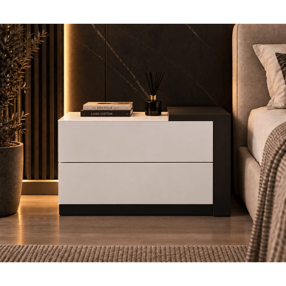 Velador Frankfurt con Doble Cajón Color Blanco y Negro TU MESITA Canto Delgado
