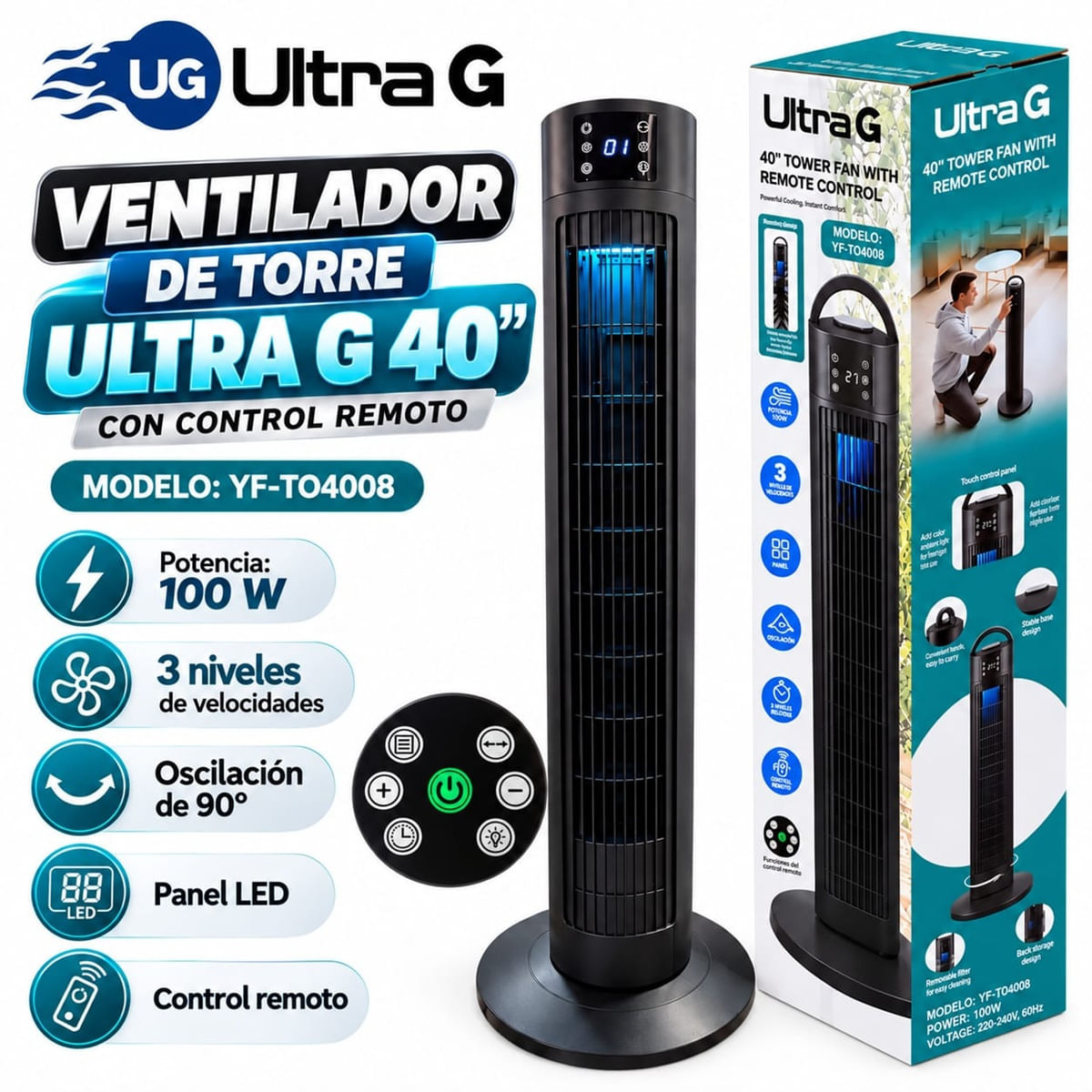 VENTILADOR DE TORRE ULTRA G 40 PULGADAS CON CONTROL REMOTO 100W