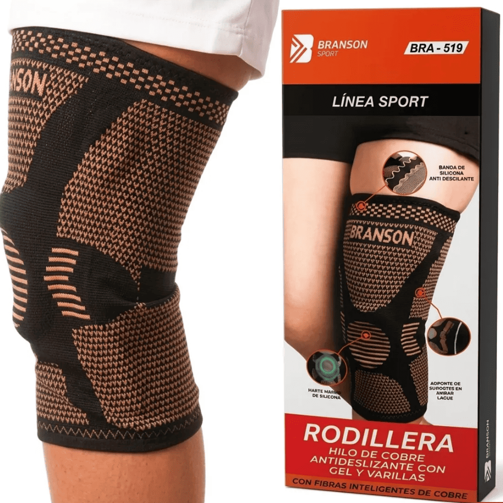 Rodillera Copper con Hilos de Cobre Gel y Varillas Talla XL Marca Branson