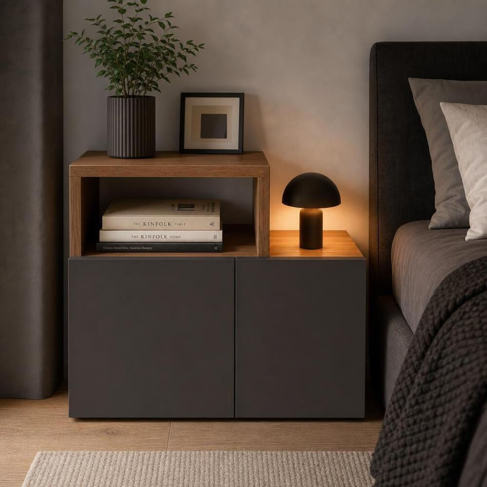 Velador Moderno Harry 2 Puertas Marrón y Negro RyR MUEBLES