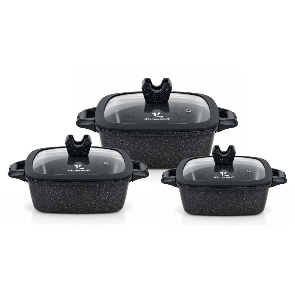 Juego De Ollas De Roca Volcánica Kitchenhoff Para Cocina Diaria - Negro