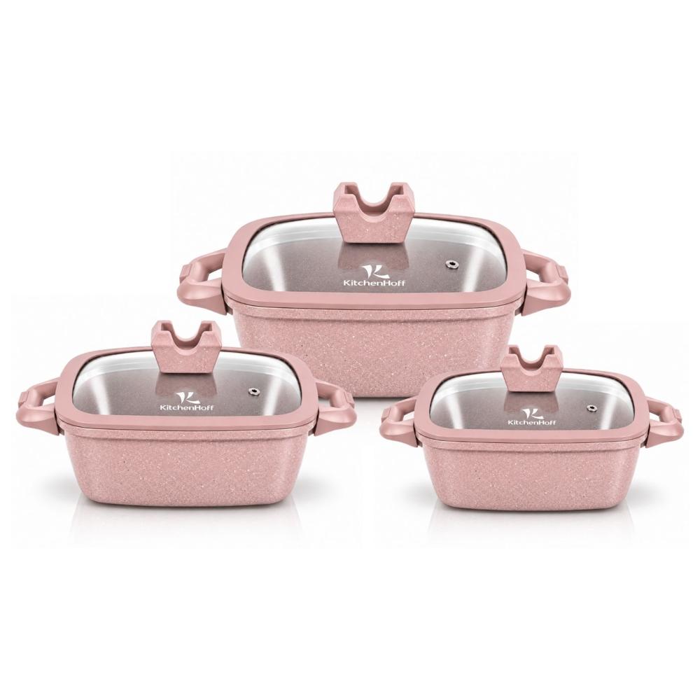 Juego De Ollas De Roca Volcánica Kitchenhoff Para Cocina Diaria - Rosa