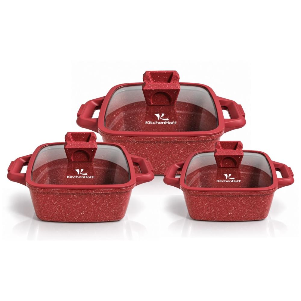 Juego De Ollas De Roca Volcánica Kitchenhoff Para Cocina Diaria - Rojo