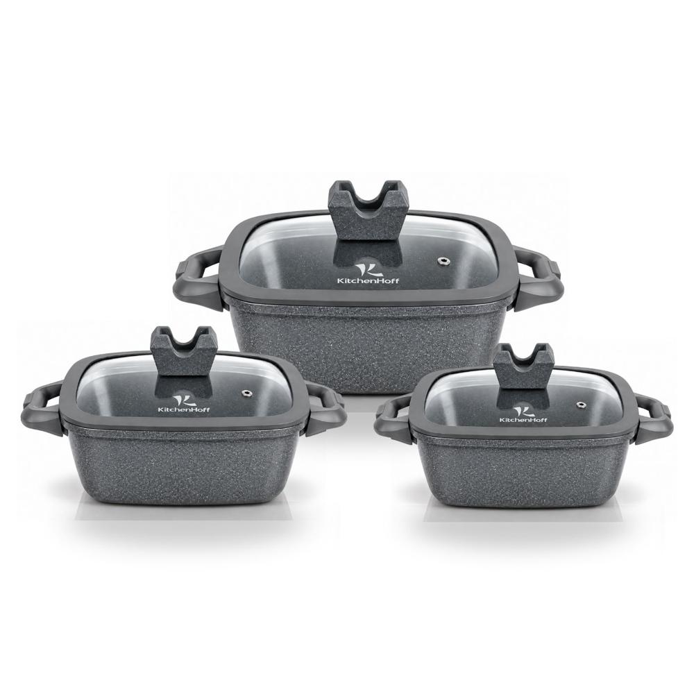 Juego De Ollas De Roca Volcánica Kitchenhoff Para Cocina Diaria - Gris