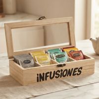 Caja Organizadora de Té de Madera con Tapa de Vidrio y 4 Compartimentos