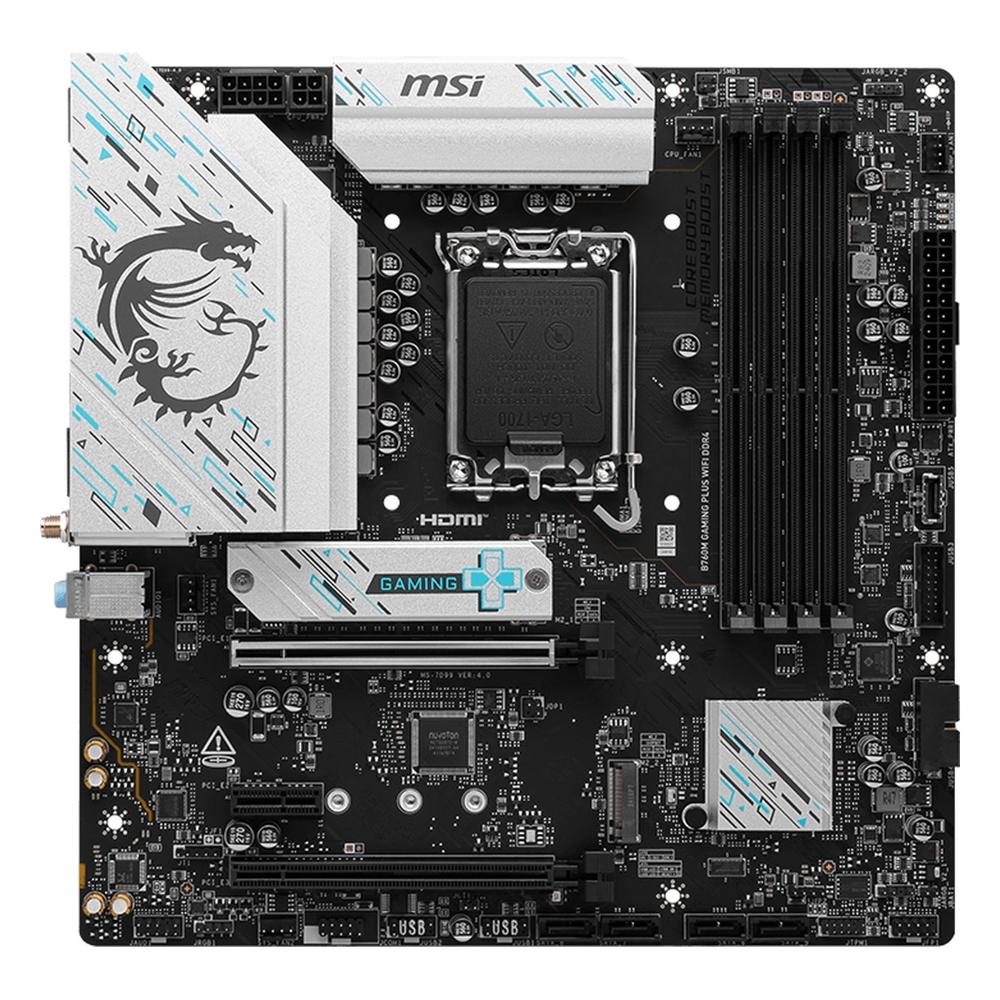 Placa Madre MSI B760M Gaming Plus WIFI DDR4 LGA1700 Micro ATX Wi-Fi 6E Negra y Plateada