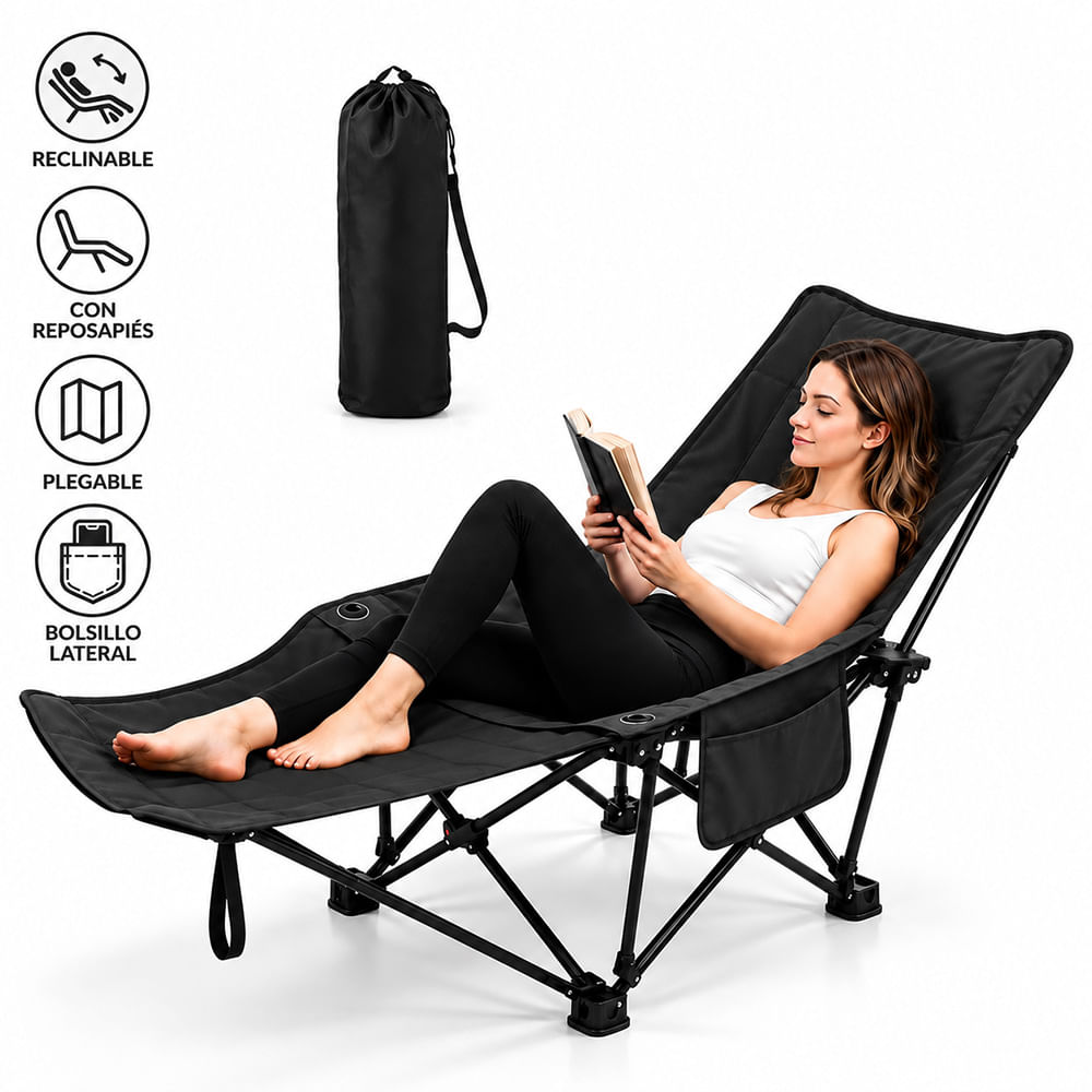 Silla de Camping Reclinable Plegable 2 en 1 con Reposapiés y Funda Transportadora Negro SP8