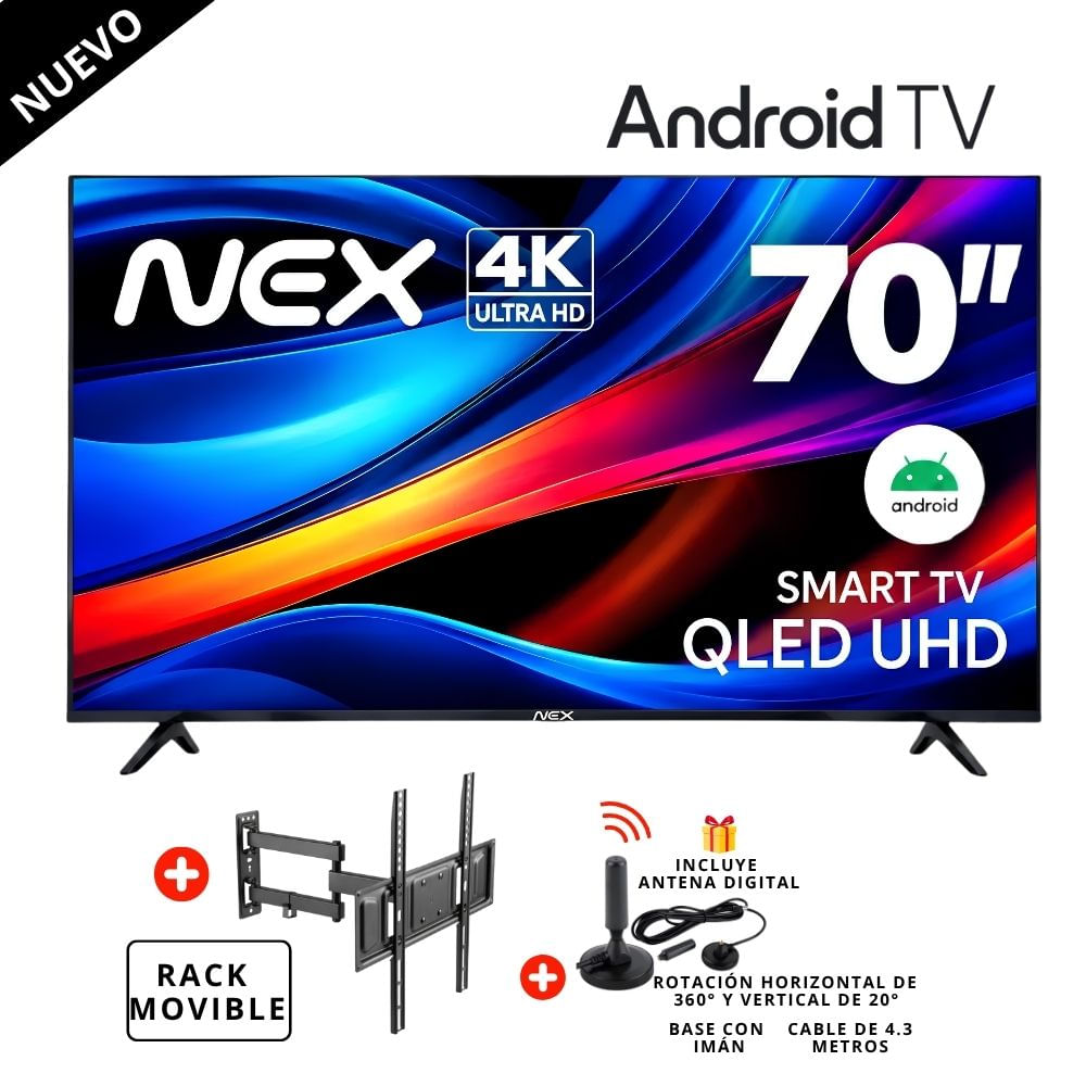 Televisor NEX QLED 70 4K ULTRA HD SMART TVQLED70S-ANDROID TV -l- Rack Movible