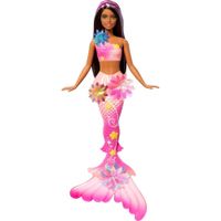MUÑECA BARBIE SIRENA CASTAÑA COLA DEGRADADA Y FLORES