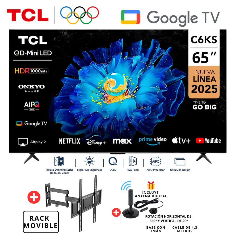 Televisor TCL 65 QD-MiniLED Premium 4k UHD Smart TV 65C6KS-Google Tv -l- Rack Movible