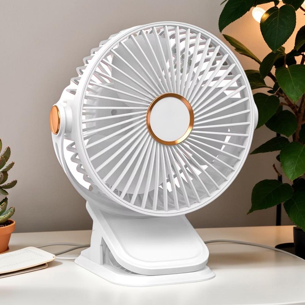Ventilador Recargable con Clip Ajuste 5 velocidades Giratorio-blanco