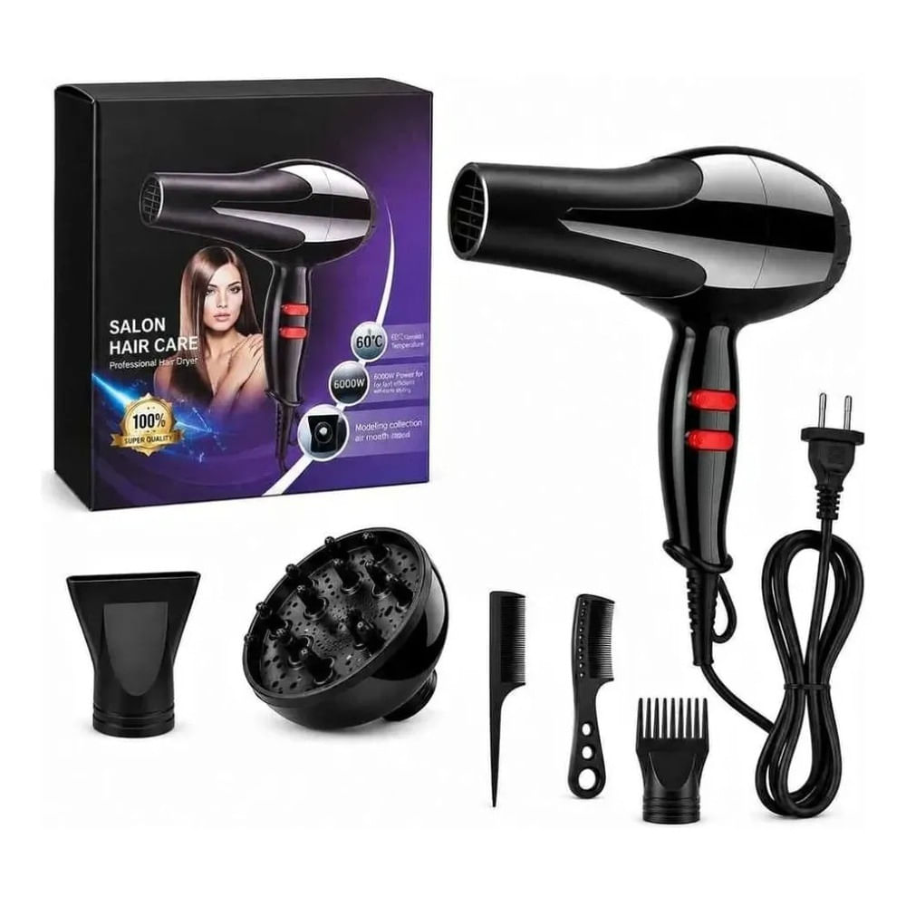 SECADORA DE CABELLO 6000 W AIRE FRÍO Y CALIENTE CON DIFUSOR PARA RISOS BOQUILLAS Y PEINES.