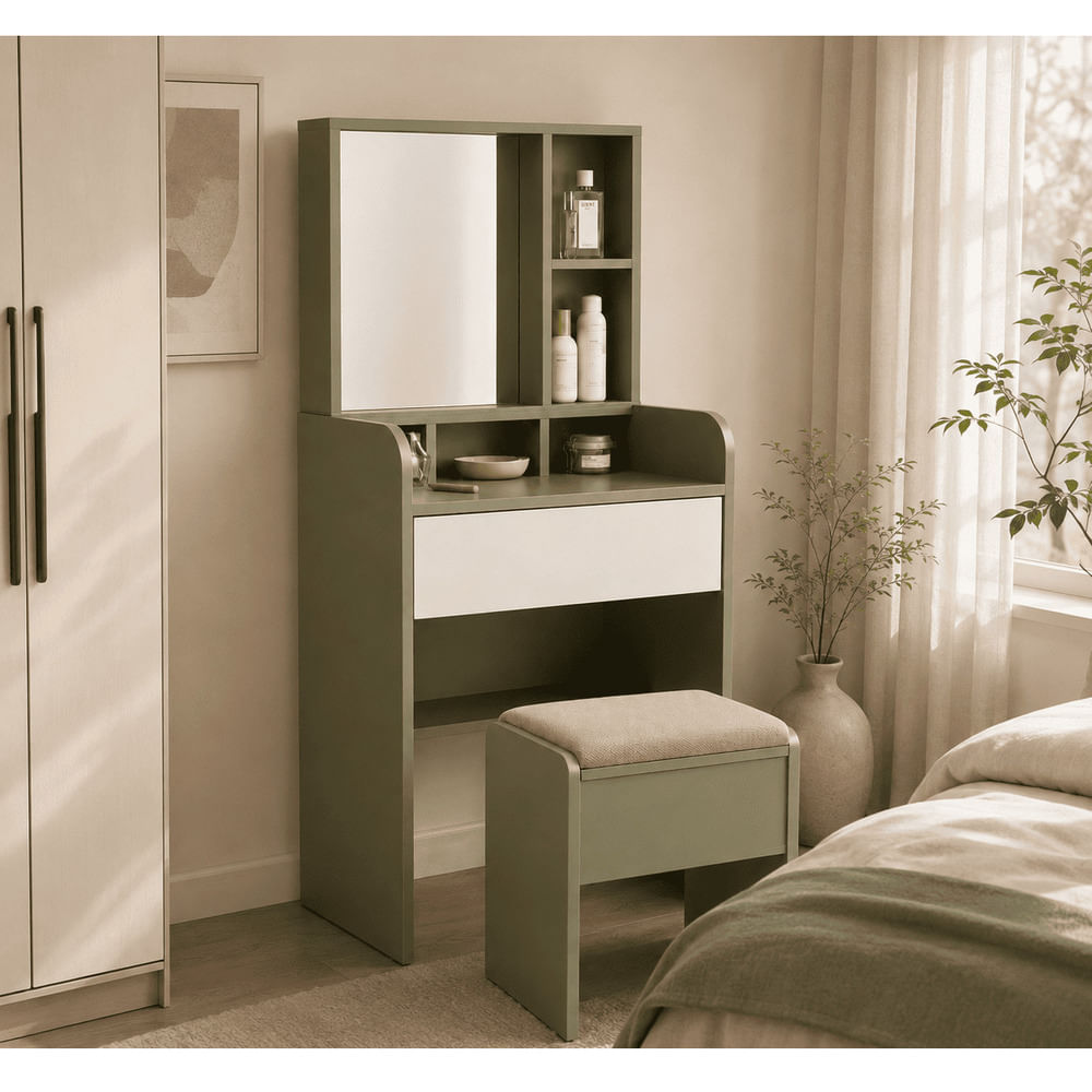 Tocador Moderno kimbara Verde Largo 80cm más Banquito RyR MUEBLES