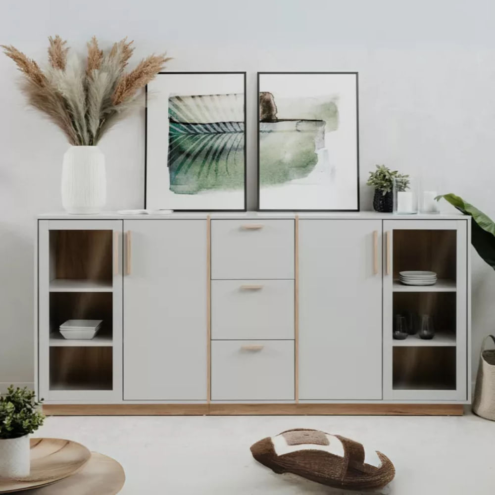 Aparador Largo Moderno Sandoval 4 Puertas 3 Cajones Blanco y Duna RyR MUEBLES