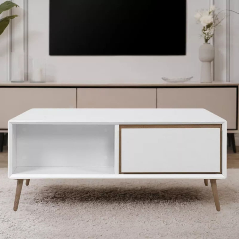 Mesa de Centro Moderna Acosta 2 Cajones Blanco RyR MUEBLES