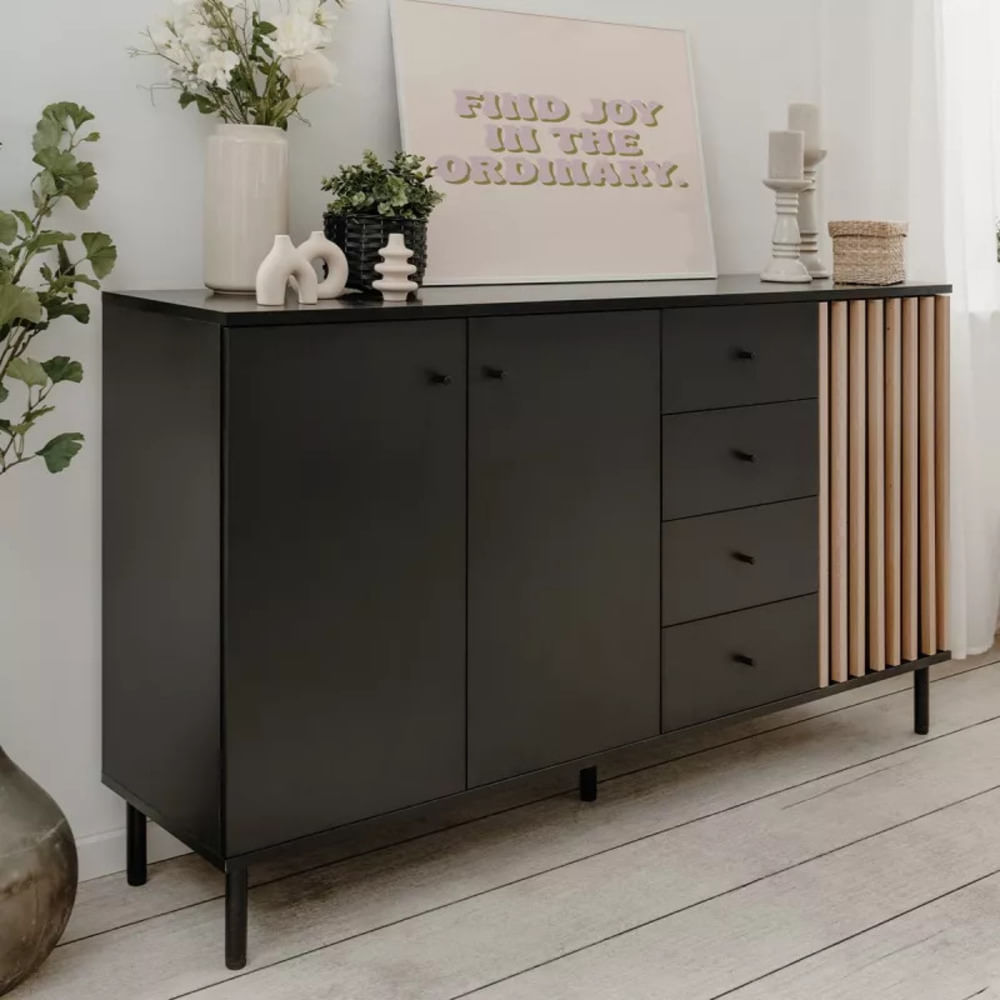 Aparador Largo Moderno Marina 3 Puertas 4 Cajones Negro RyR MUEBLES