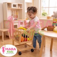 Carrito de Compras Infantil de Madera con un set de frutas o verduras de juguete