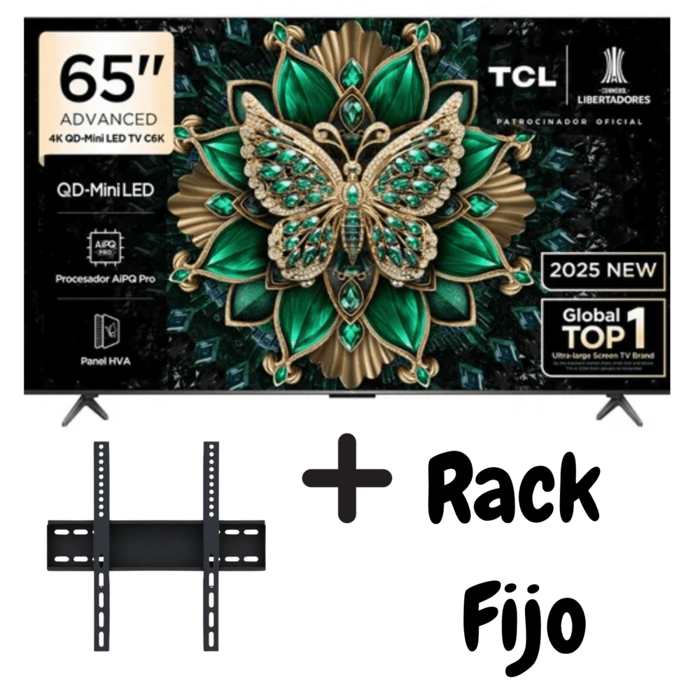 TELEVISOR TCL 65 PULGADAS SMART TV QD MINILED 4K UHD GOOGLE TV 144HZ 65C6K RACK FIJO