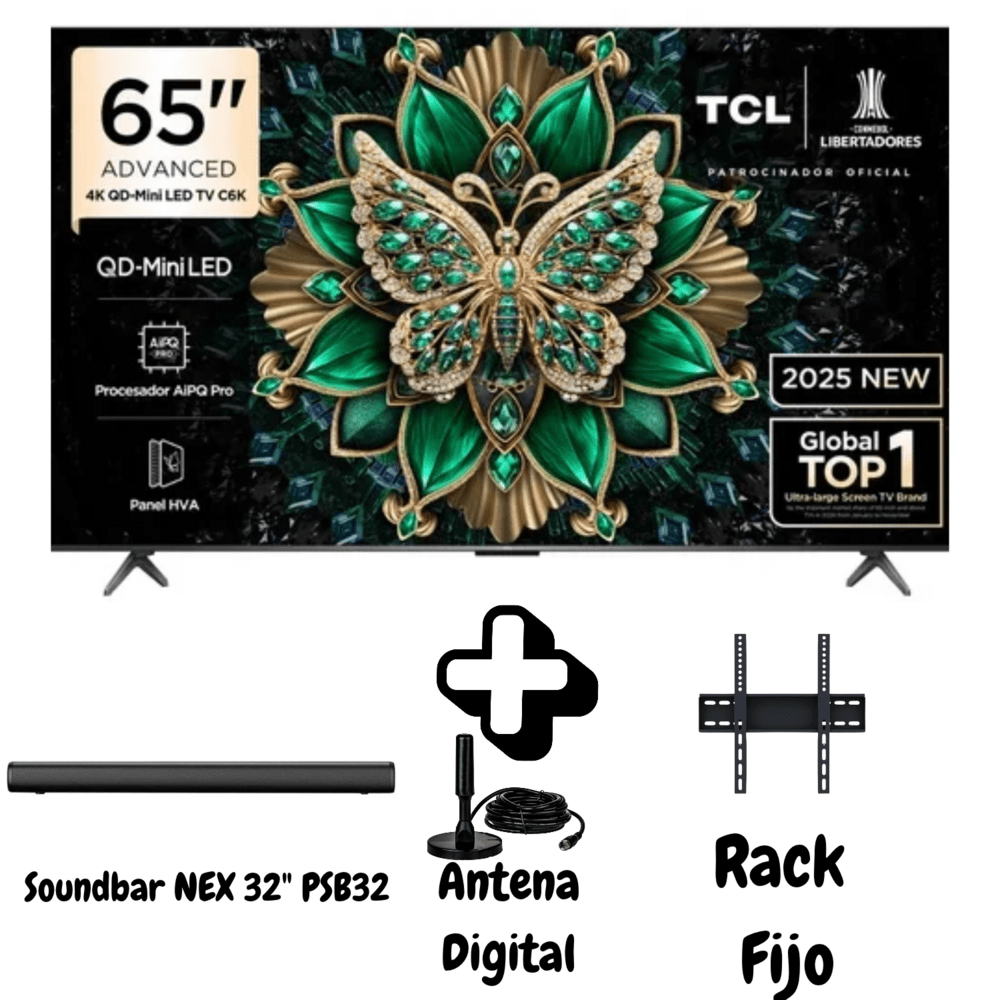 TELEVISOR TCL 65 PULGADAS SMART TV QD MINILED 4K UHD 144HZ 65C6K SOUNDBAR NEX RACK ANTENA DIGITAL