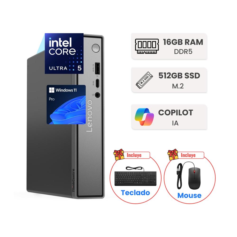 Mini PC Lenovo ThinkCentre Neo 50Q Intel Core Ultra 5 226V 16GB DDR5 512GB Con IA 40Tops 13HR001ULS