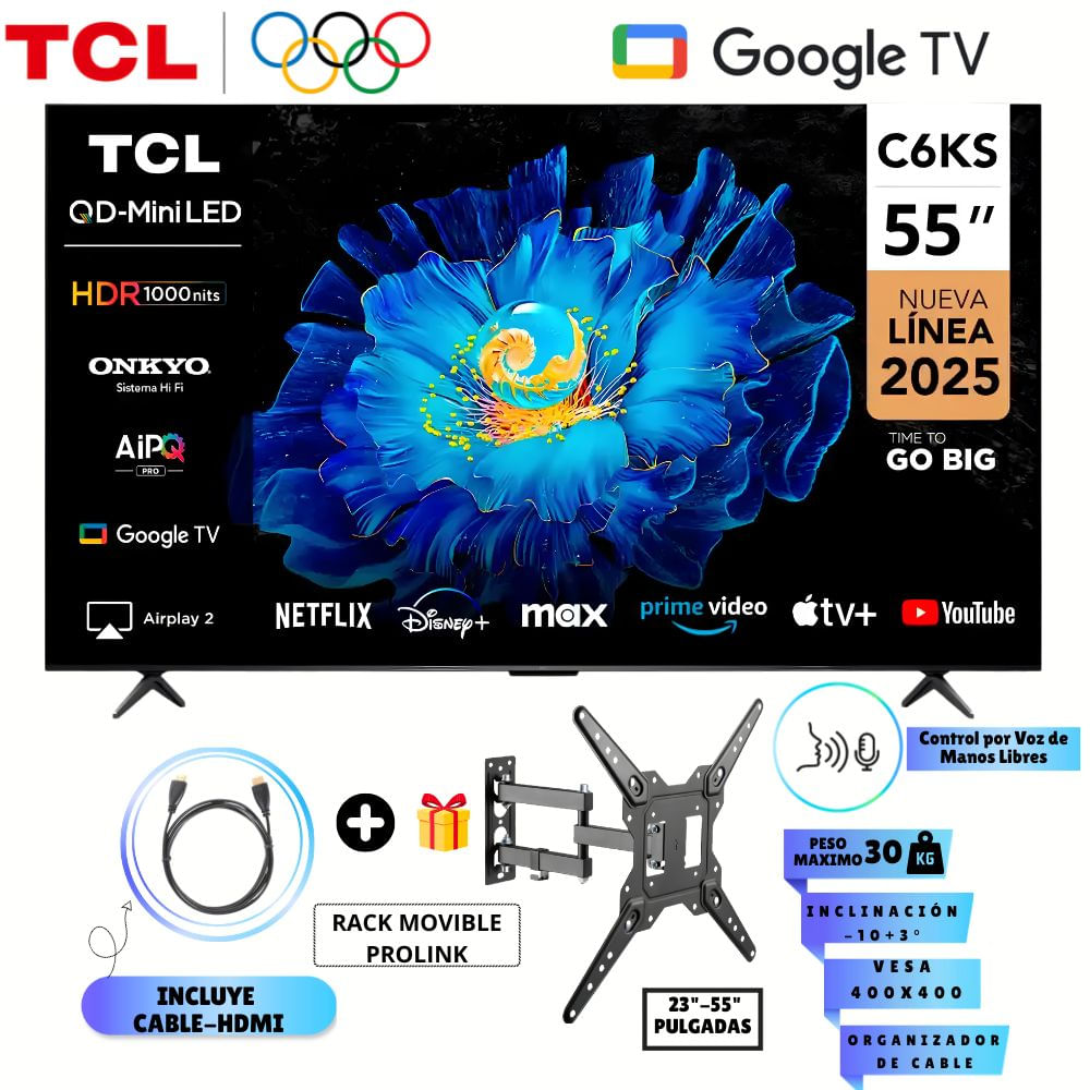 Televisor TCL 55 QD-MiniLED Premium 4k UHD Smart TV 55C6KS-Google Tv -I- Rack Movible