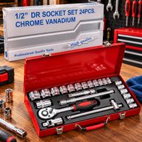 Juego de Dados ratchet 24 Piezas   Cromo Vanadio CrV con Maletín Metálico Profesional