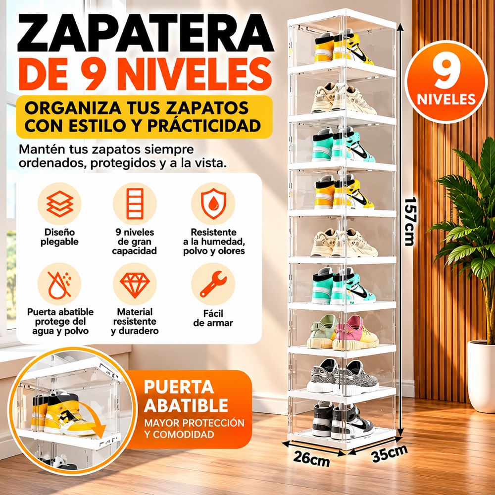 Zapatera Plegable 9 Niveles Premium Transparente