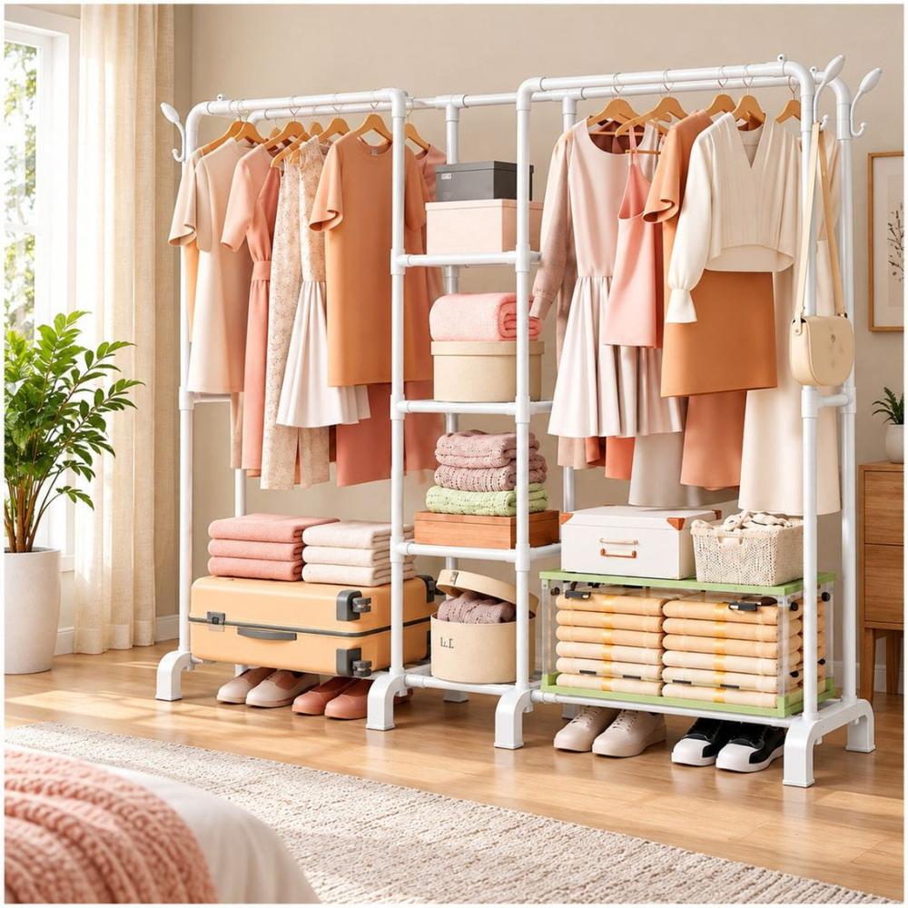 Perchero Organizador Multifuncional Doble Barra con Estantes y Ganchos Laterales 160x200x39cm Blanco
