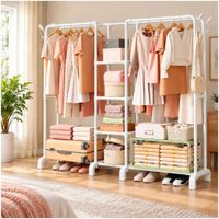 Perchero Organizador Multifuncional Doble Barra con Estantes y Ganchos Laterales 160x200x39cm Blanco