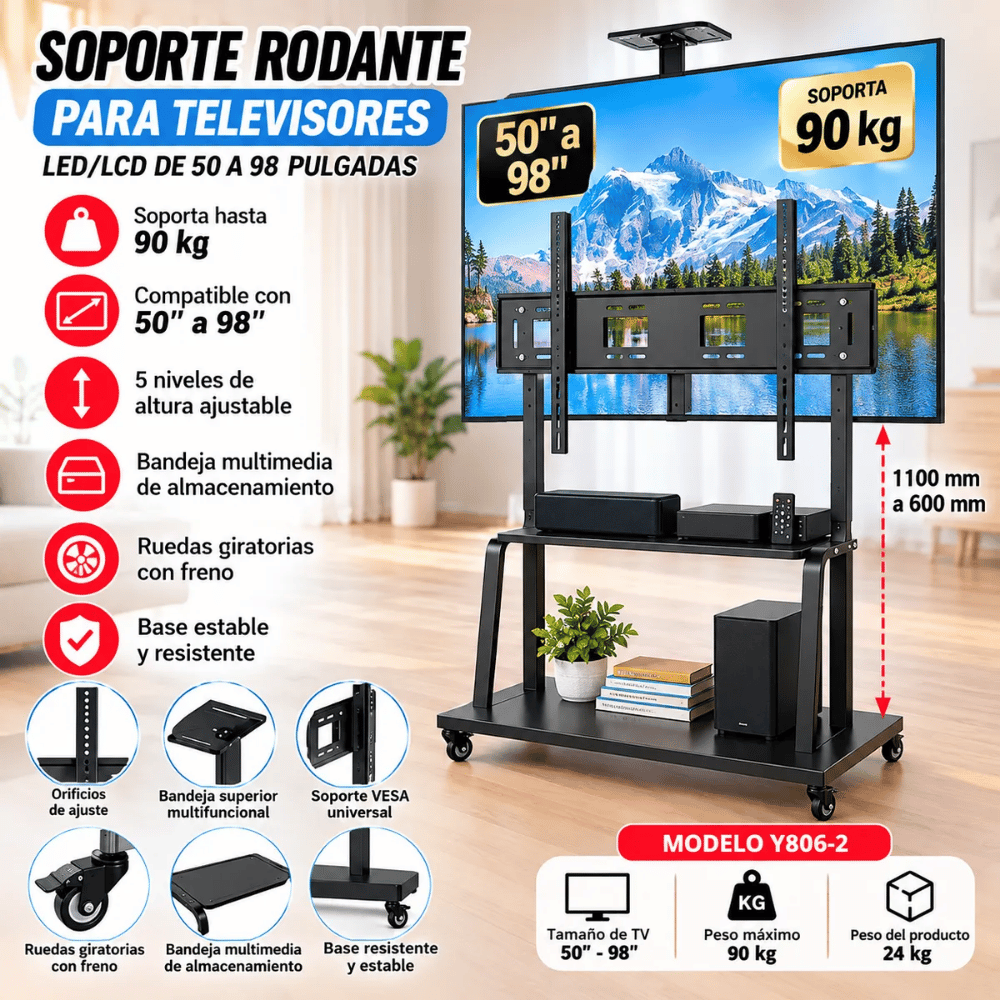 RACK SOPORTE PEDESTAL DE PISO PARA TV Y PANTALLAS INTERACTIVAS DE 42 A 98 PULGADAS