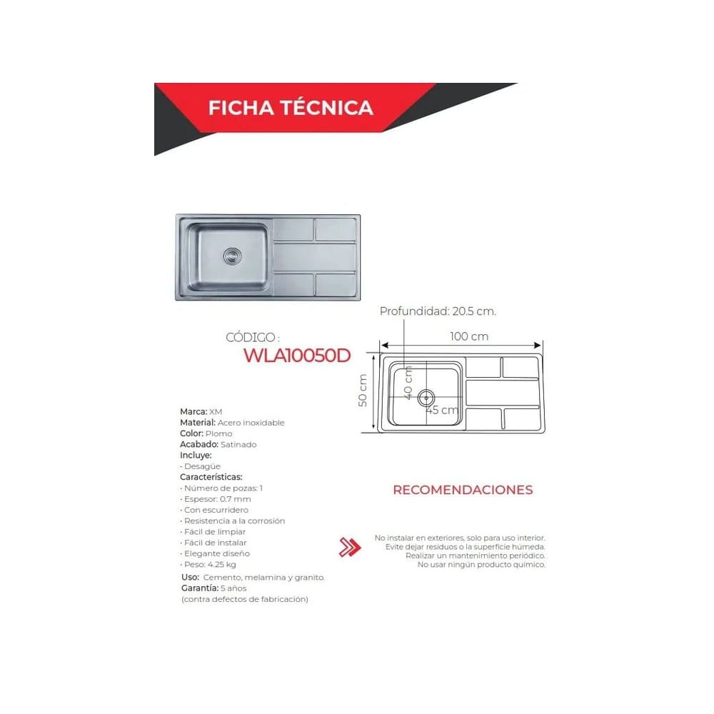 LAVADERO DE COCINA ACERO CON ESCURRIDERO 100 X 50 X 20.5 CM WLA10050D