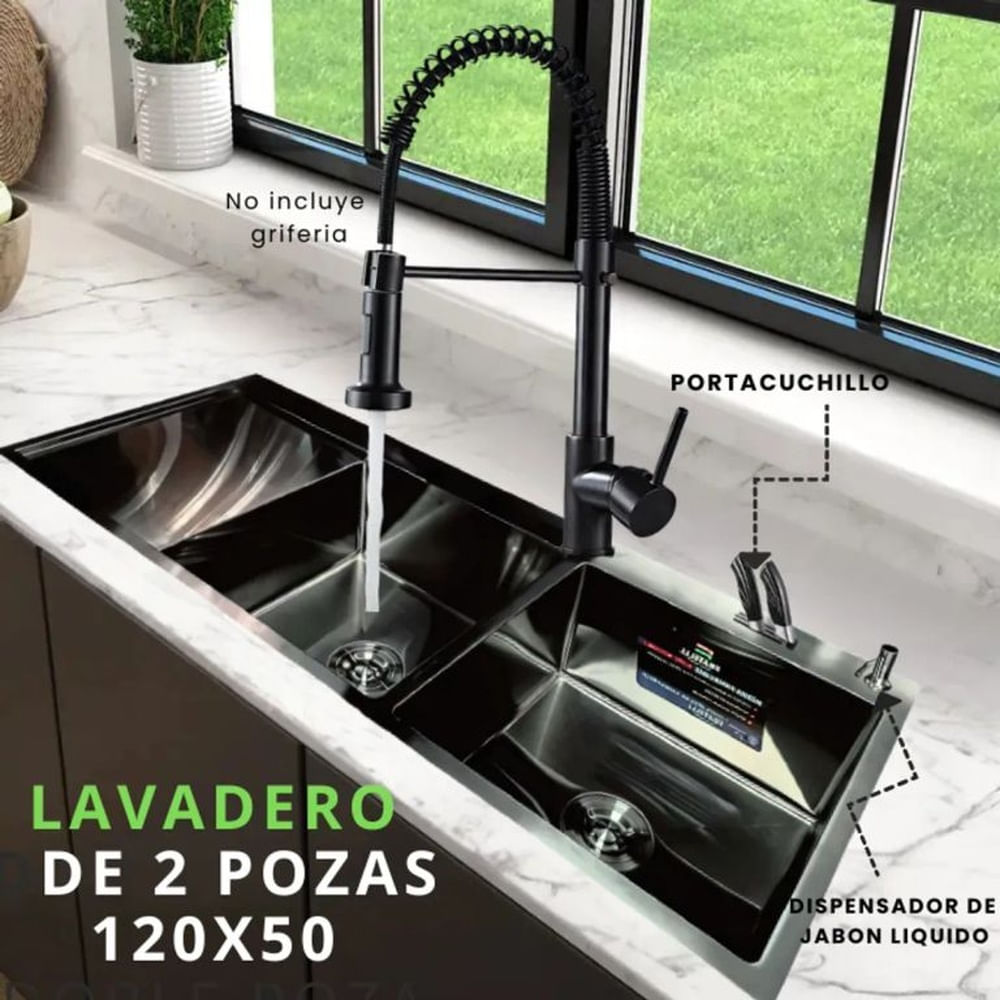 Lavadero Doble Poza Premium Negro con Escurridor y Porta Cuchillos