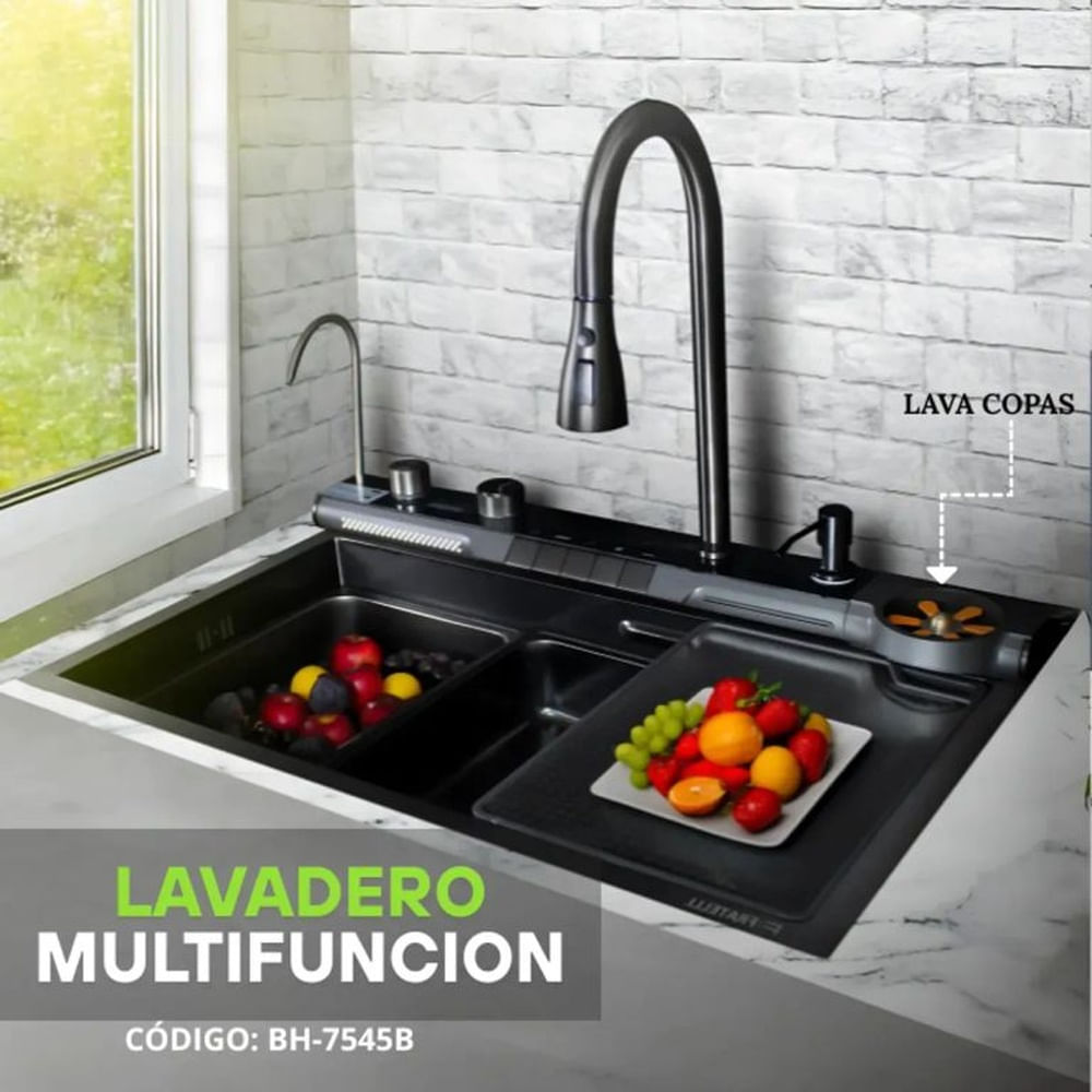 Lavadero Multifuncional Negro 5 Funciones con Mezcladora y Filtro de Agua