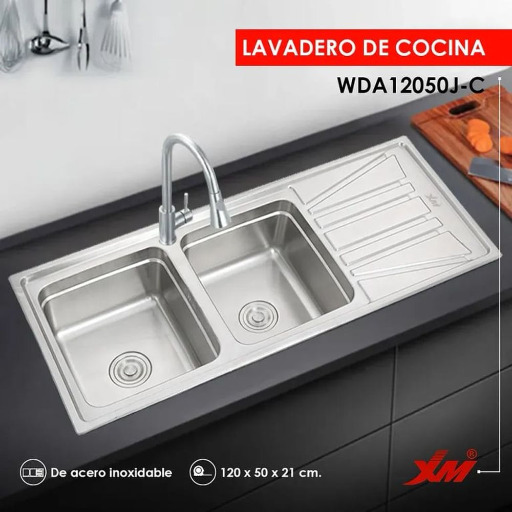 LAVADERO DE COCINA 2POZAS CON ESCURRIDERO 120 X 50 X 21 CM WDA12050J-C