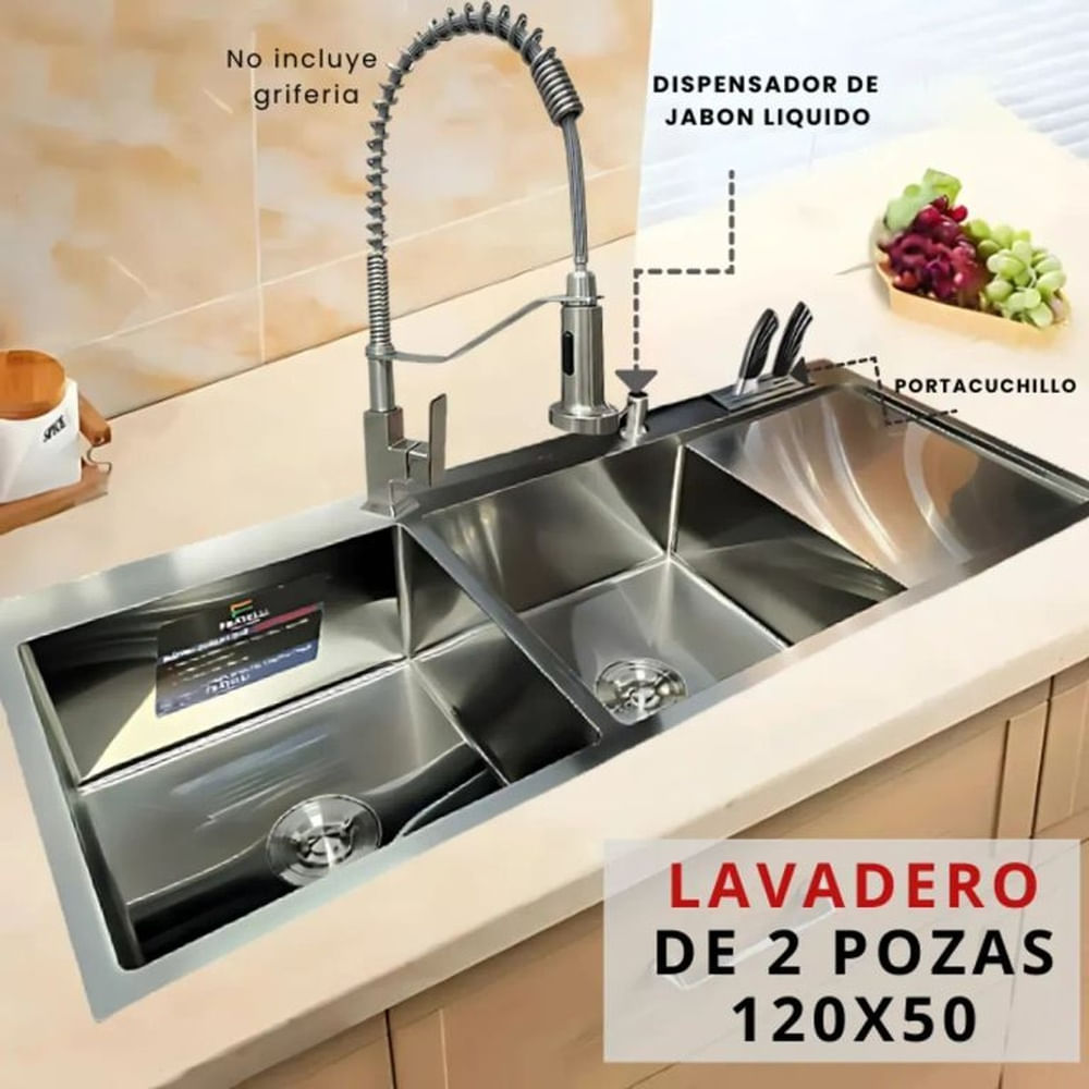 Lavadero Doble Poza Satinado Premium con Escurridor y Porta Cuchillos