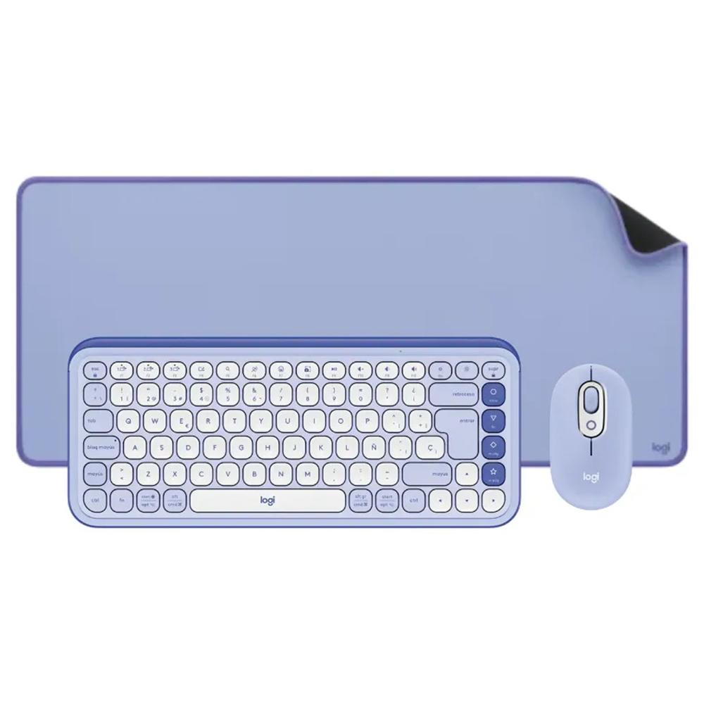 Combo Teclado  Mouse Logitech POP ICON   Mouse Pad DeskPad 300 x 700mm  Lila