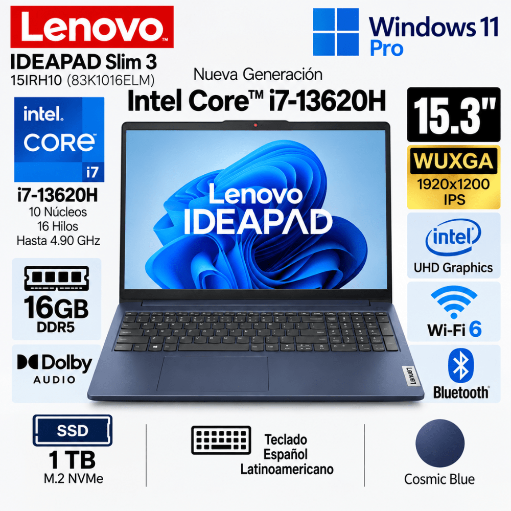 Laptop Lenovo IdeaPad Slim 3 15IRH10 Intel Core i7-13620H 16GB DDR5 1TB SSD 15.3 83K1016ELM
