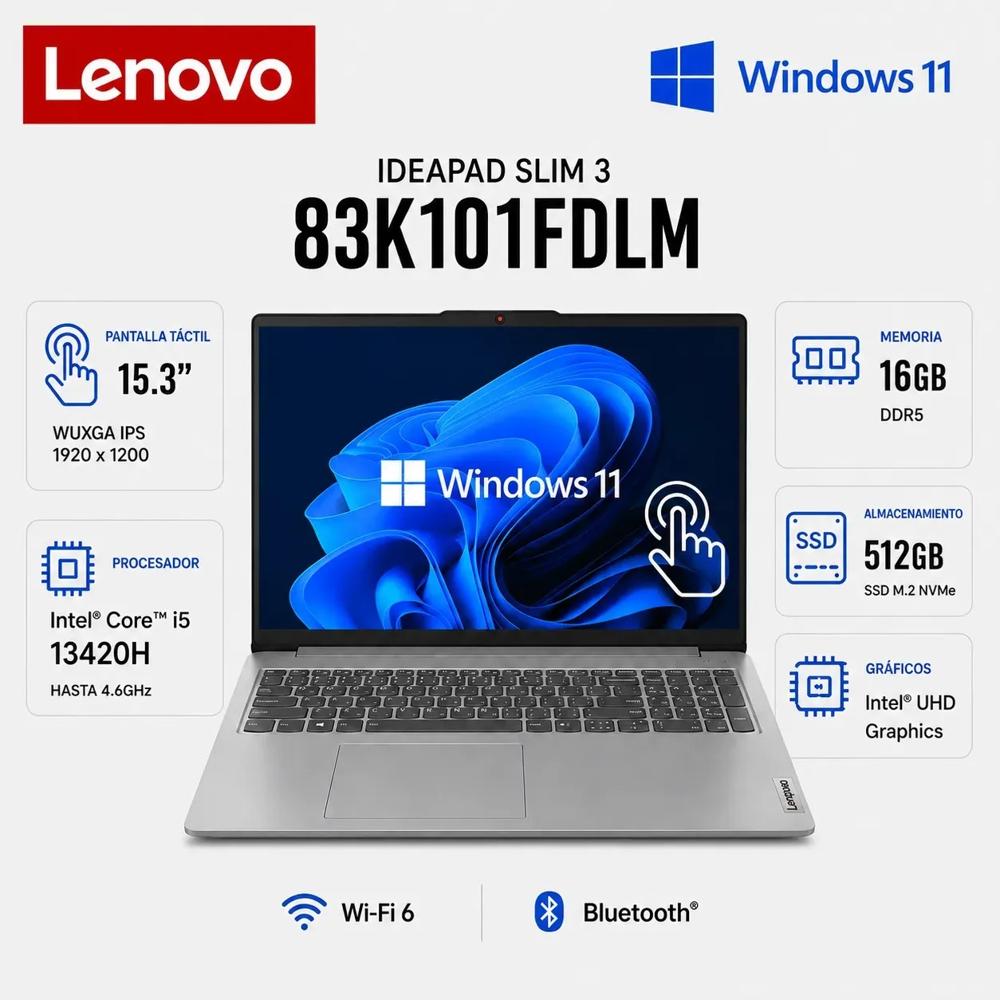 Laptop Lenovo IdeaPad Slim 3 15.3  WUXGA IPS Touch Core i5-13420H 16GB DDR5 512GB SSD - 83K101FDLM